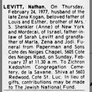 Obituary for Nathan LEVITT