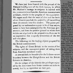 Canadian newspaper reports on the ongoing negotiations at Ghent to end War of 1812